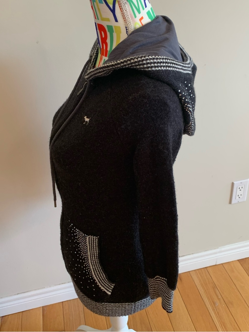 Vintage PINK Victoria's Secret Black Hoodie with Sparkle Embellishment - Picture 3 of 10